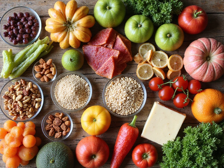 Obrázek stolu plného různého zdravého jídla